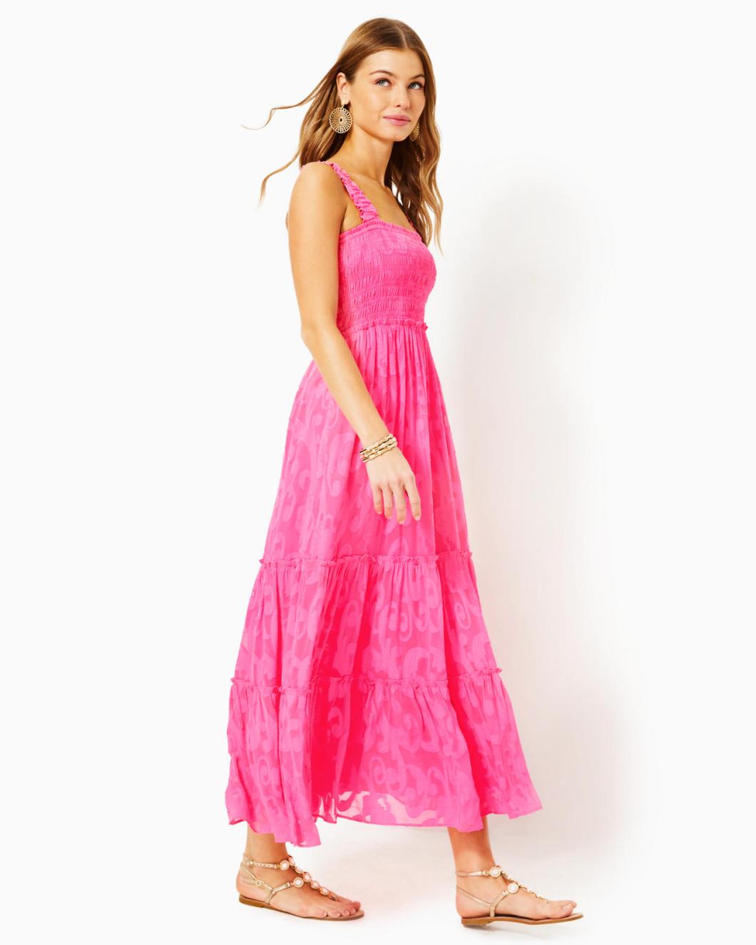 Lilly Pulitzer Hadly Smocked Maxi Dress Roxie Pink Poly Crepe Swirl Clip | Women Fit &amp; Flare Dresses