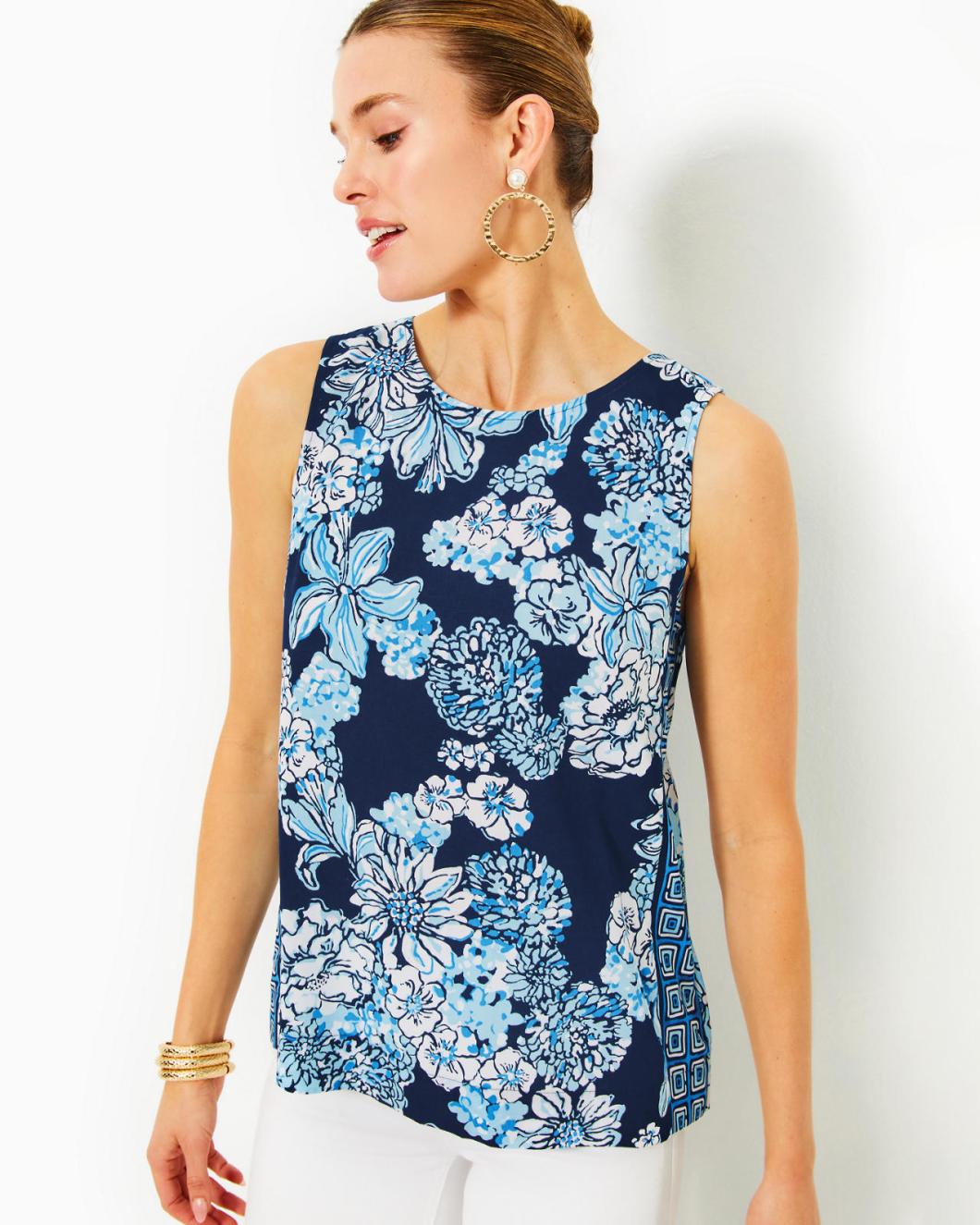Lilly Pulitzer Iona Sleeveless Top Low Tide Navy Bouquet All Day Engineered Woven Top | Women Tops