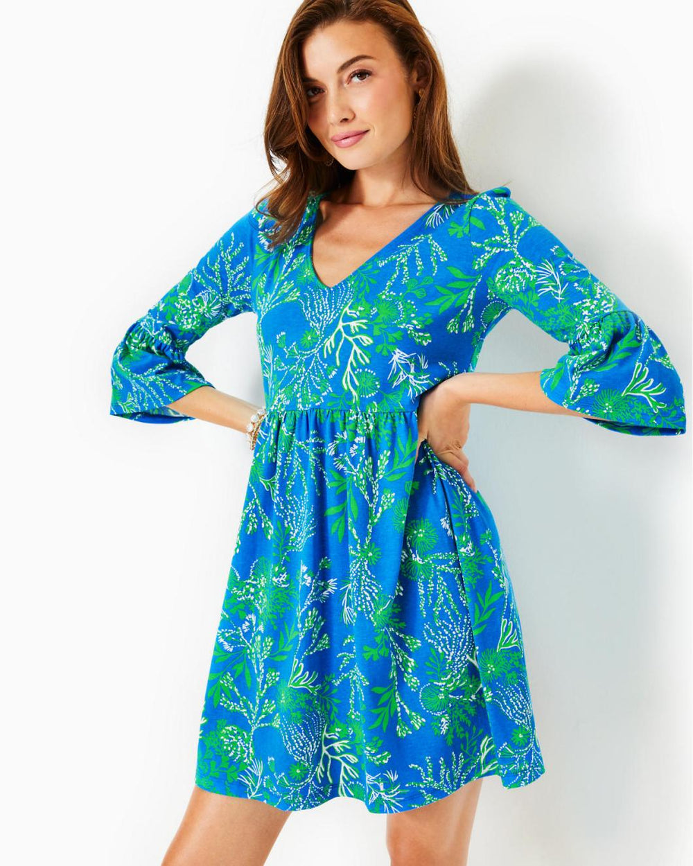 Lilly Pulitzer Jannie V-Neck Cotton Dress Briny Blue A Bit Salty | Women Swing Dresses