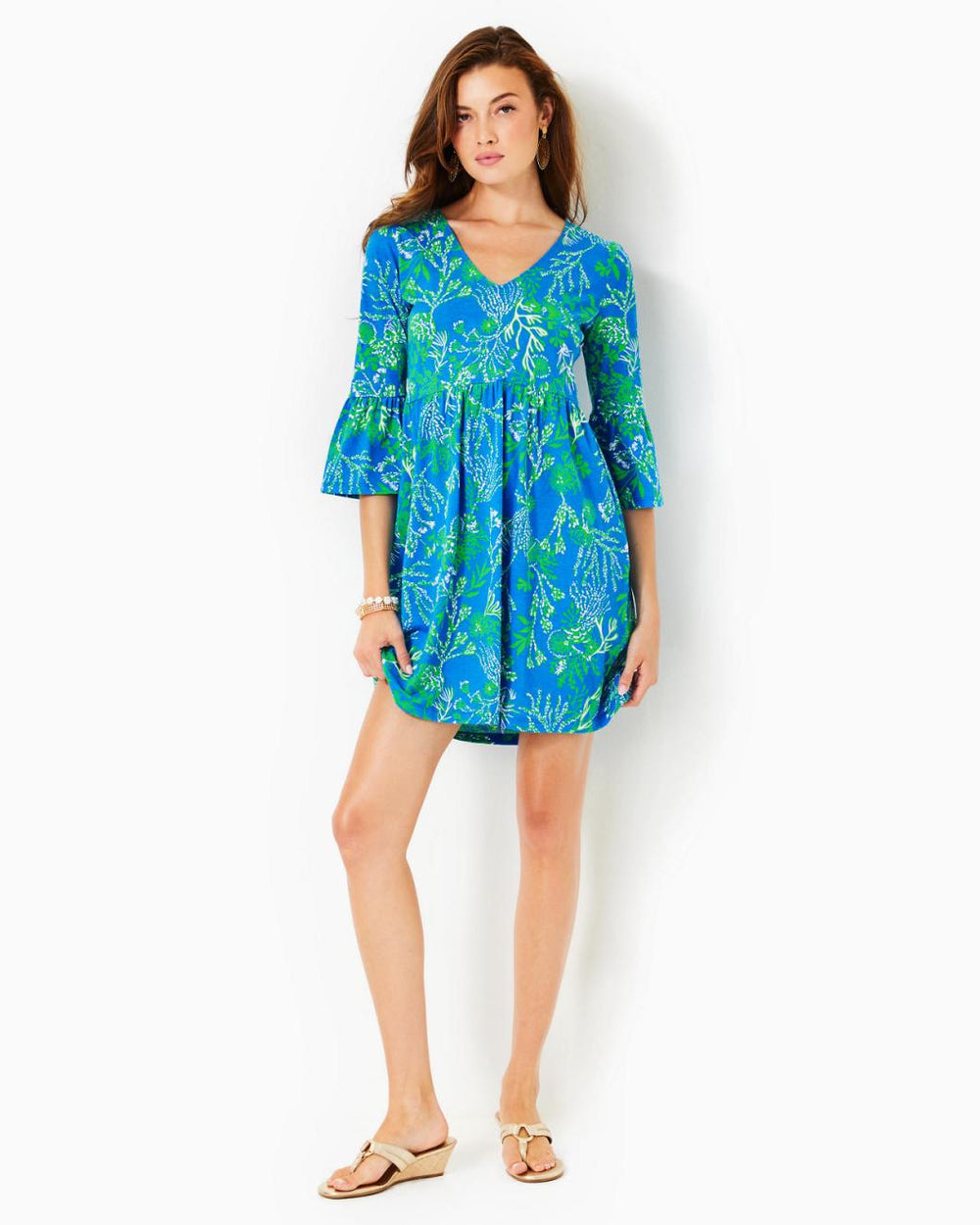 Lilly Pulitzer Jannie V-Neck Cotton Dress Briny Blue A Bit Salty | Women Swing Dresses