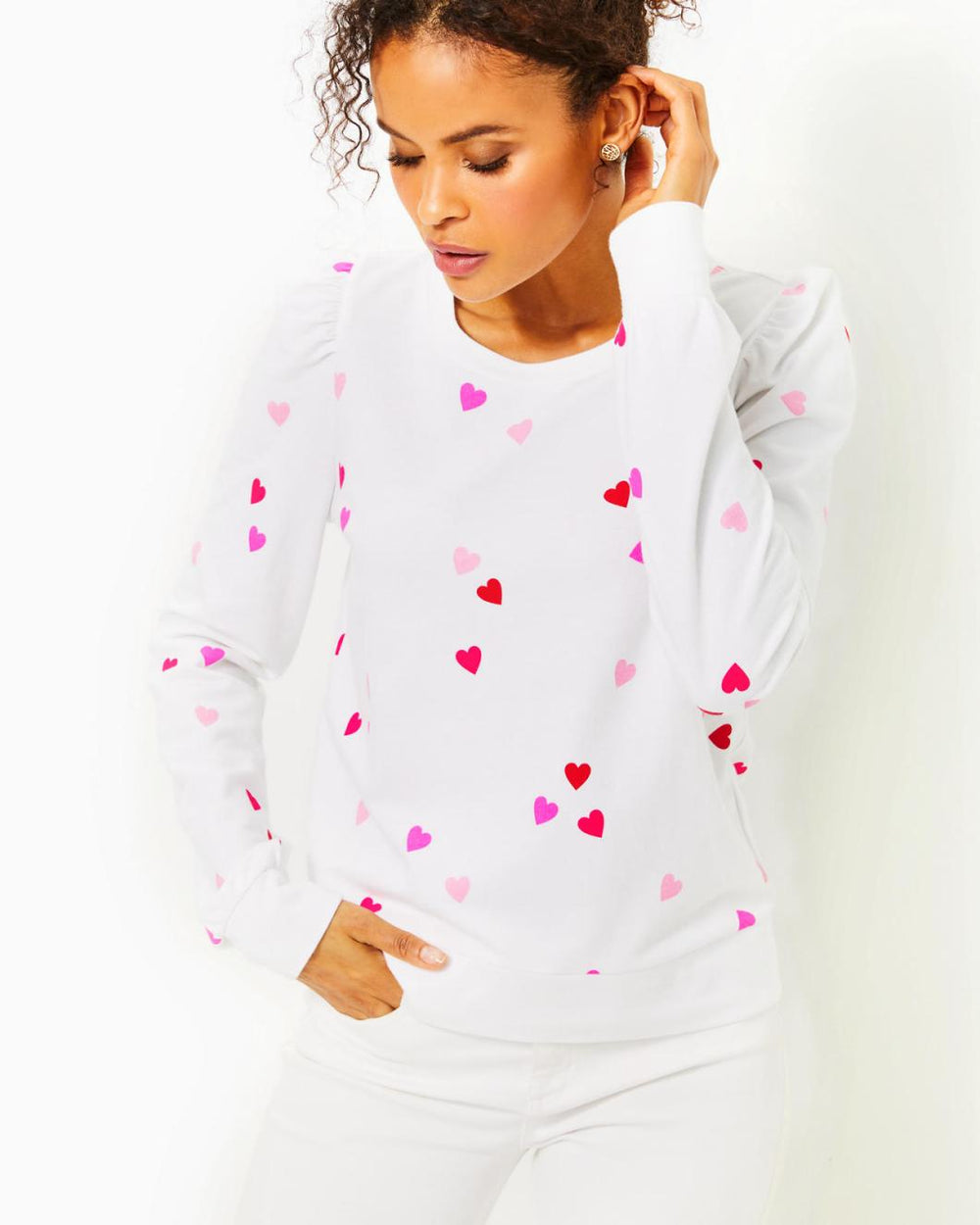 Lilly Pulitzer Jansen Cotton Sweatshirt Resort White Lots Of Love | Women Tops
