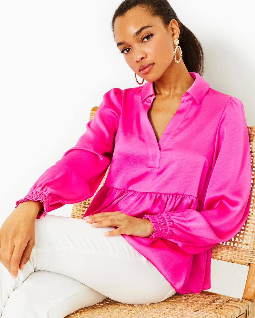 Lilly Pulitzer Jaylene Long Sleeve Lilly Top Cerise Pink | Women Tops