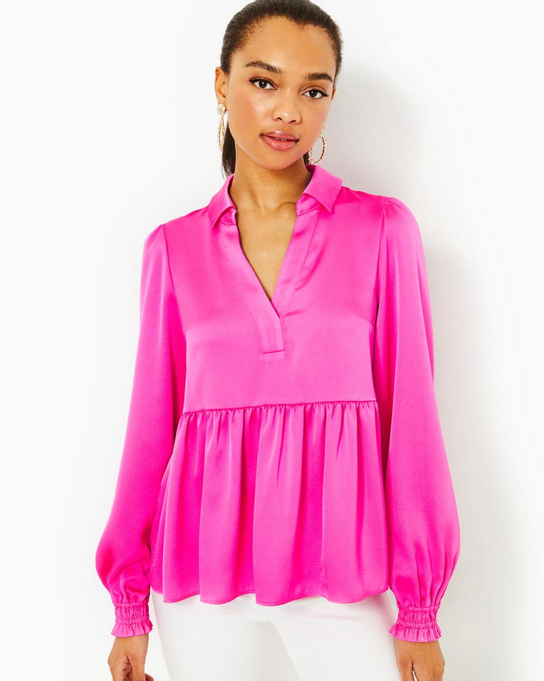 Lilly Pulitzer Jaylene Long Sleeve Lilly Top Cerise Pink | Women Tops