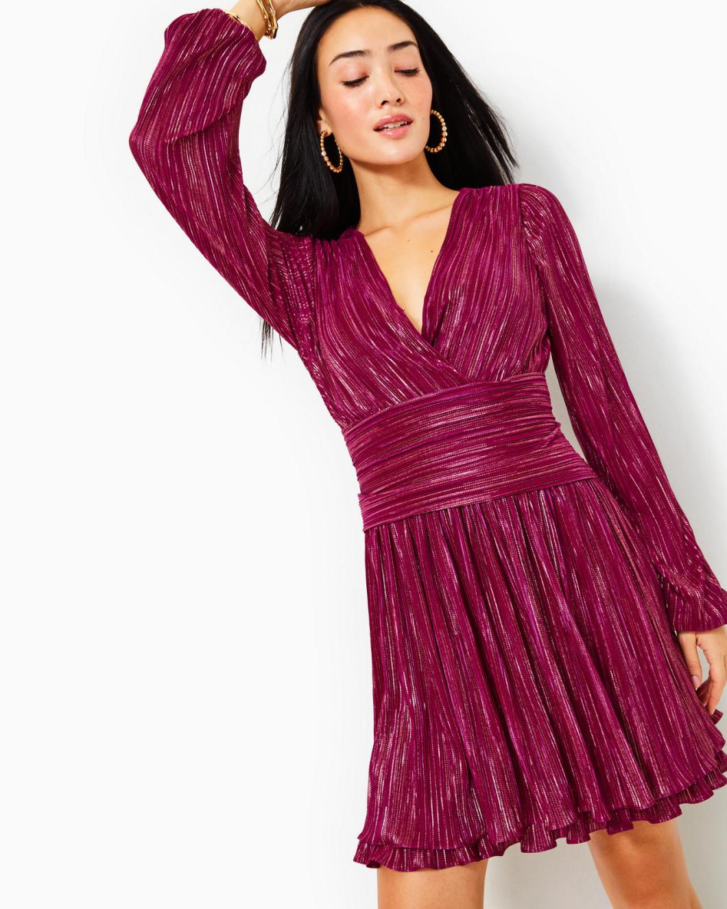 Lilly Pulitzer Jessamie Long Sleeve Dress Mulberry Foil Printed Crinkle Woven | Women Fit &amp; Flare Dresses