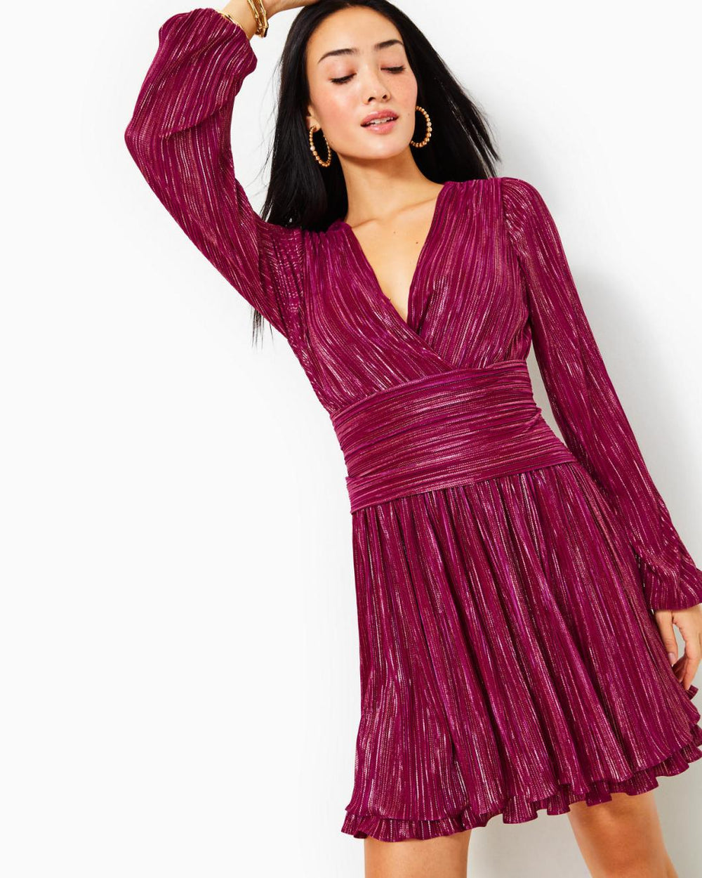 Lilly Pulitzer Jessamie Long Sleeve Dress Mulberry Foil Printed Crinkle Woven | Women Fit &amp; Flare Dresses