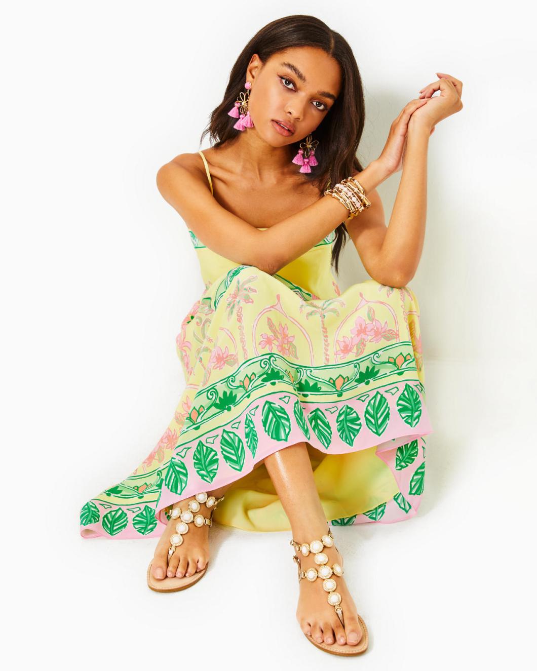 Lilly Pulitzer Jesslyn Silk Maxi Slip Dress Finch Yellow Tropical Oasis Engineered Woven Maxi Dre | Women Swing Dresses