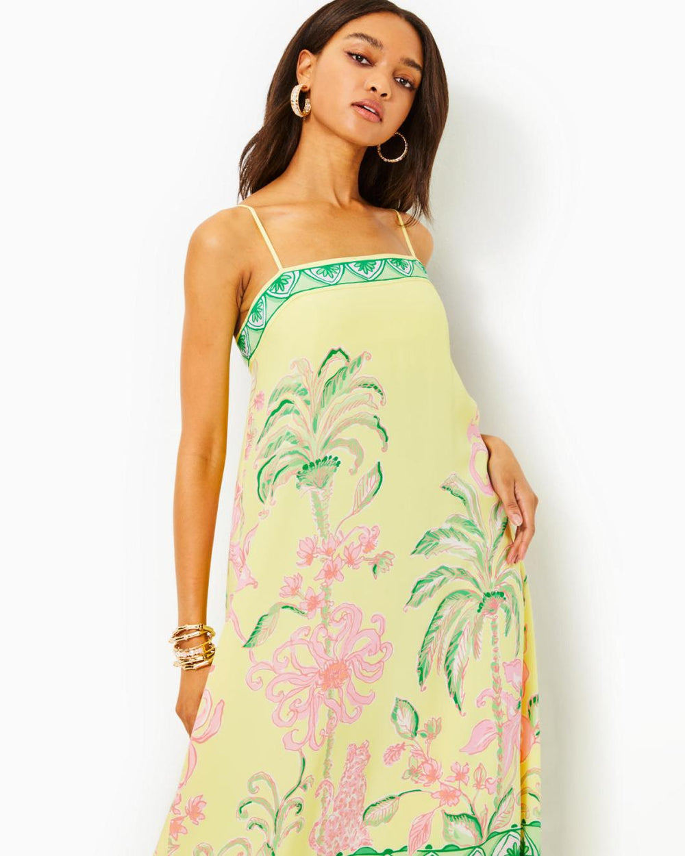 Lilly Pulitzer Jesslyn Silk Maxi Slip Dress Finch Yellow Tropical Oasis Engineered Woven Maxi Dre | Women Swing Dresses