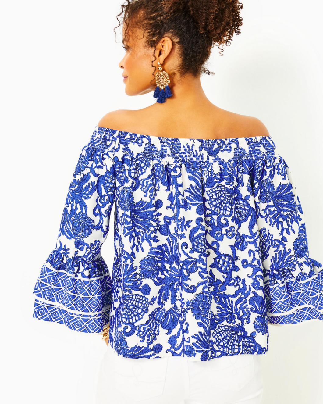 Lilly Pulitzer Kaori Off-The-Shoulder Top Deeper Coconut Ride With Me Engineered Woven Top | Women Tops