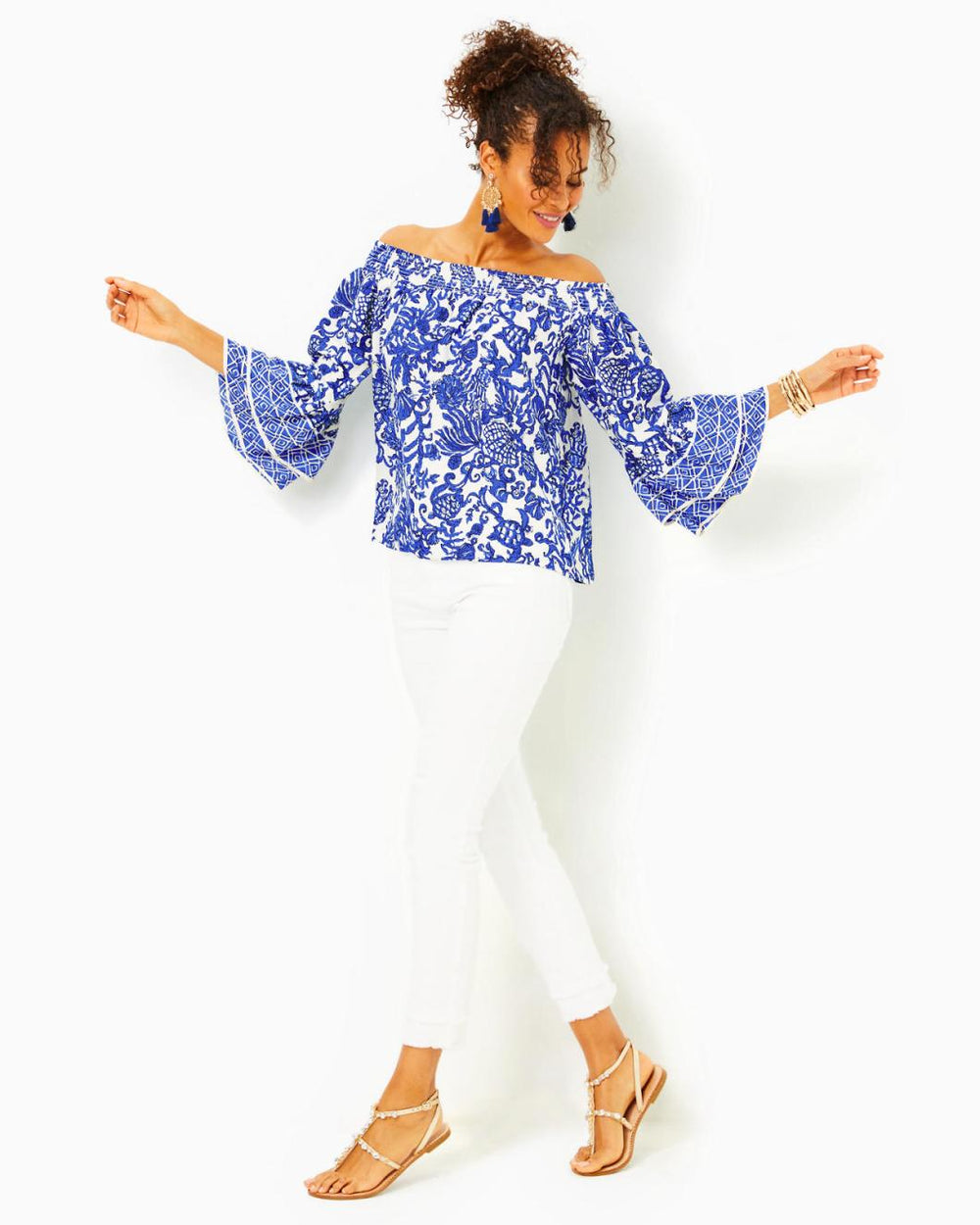 Lilly Pulitzer Kaori Off-The-Shoulder Top Deeper Coconut Ride With Me Engineered Woven Top | Women Tops