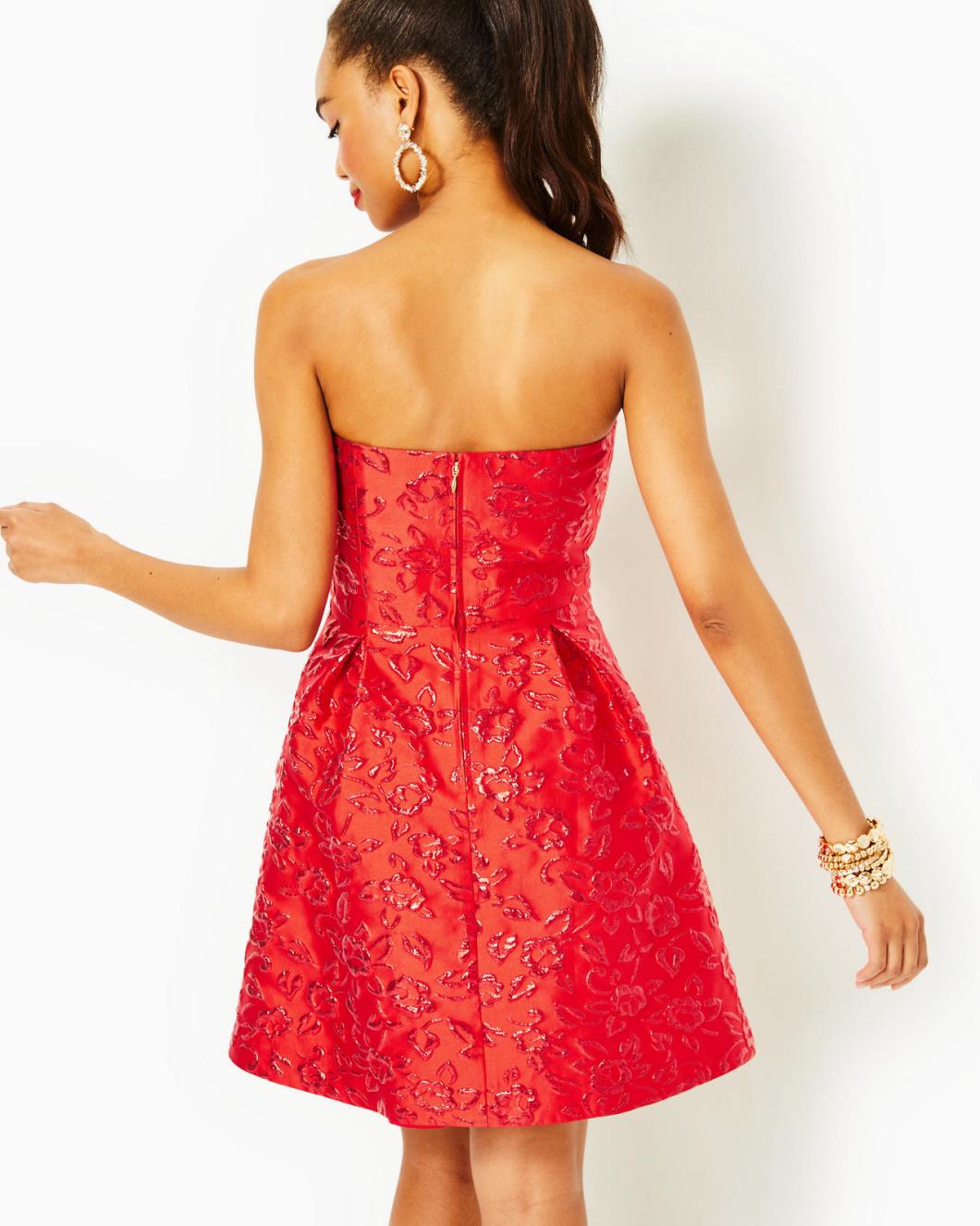Lilly Pulitzer Kataleya Strapless Jacquard Dress Amaryllis Red Puff Floral Brocade | Women Fit &amp; Flare Dresses