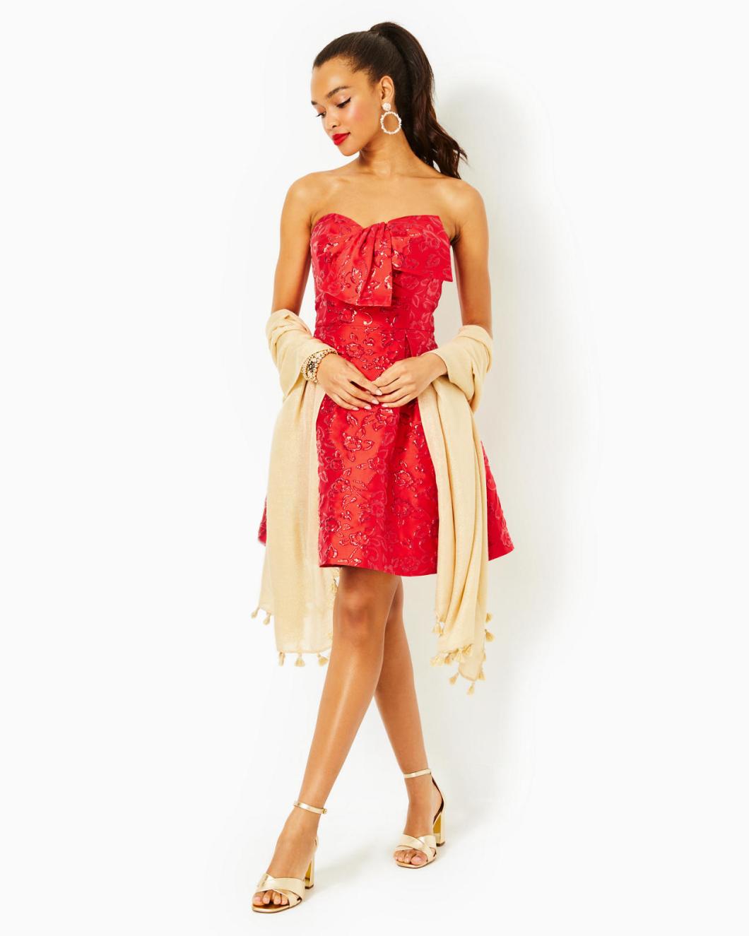 Lilly Pulitzer Kataleya Strapless Jacquard Dress Amaryllis Red Puff Floral Brocade | Women Fit &amp; Flare Dresses