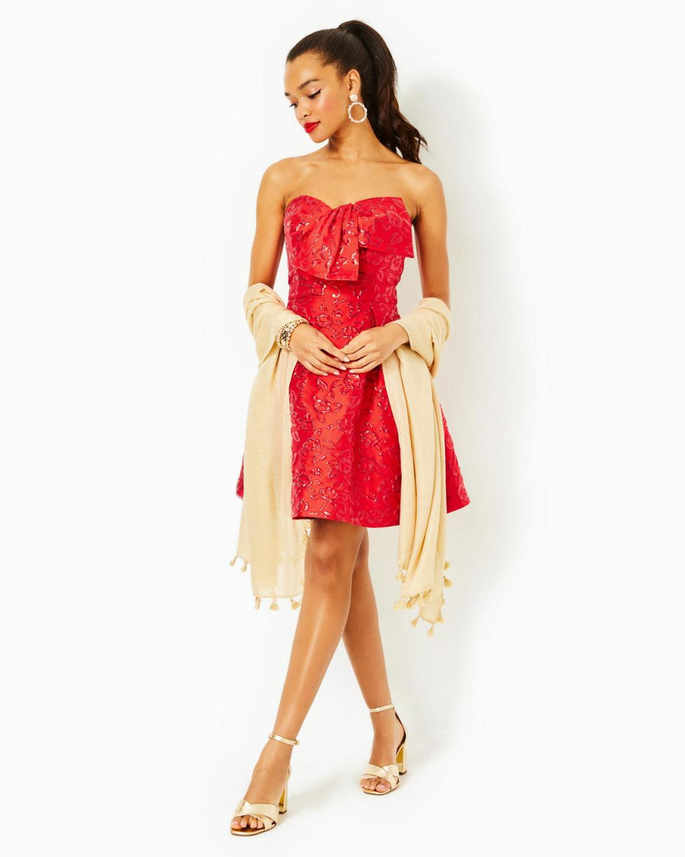 Lilly Pulitzer Kataleya Strapless Jacquard Dress Amaryllis Red Puff Floral Brocade | Women Fit &amp; Flare Dresses