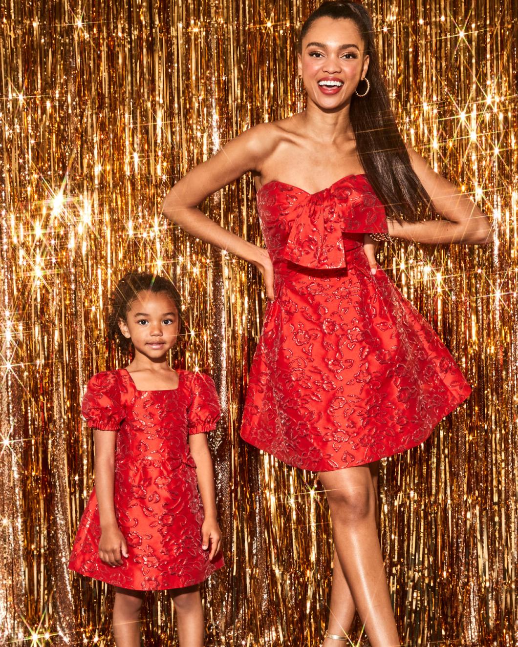 Lilly Pulitzer Kataleya Strapless Jacquard Dress Amaryllis Red Puff Floral Brocade | Women Fit &amp; Flare Dresses