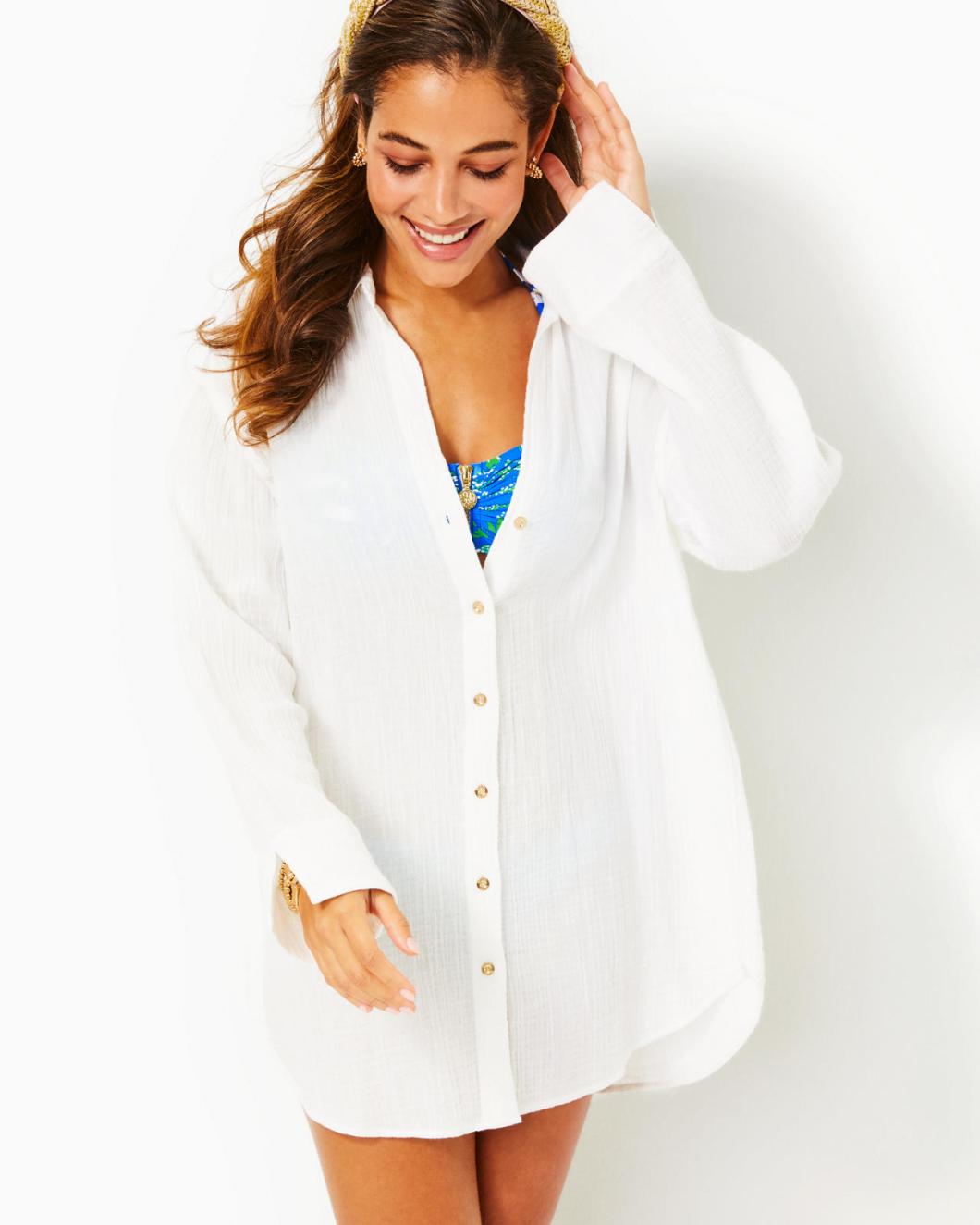Lilly Pulitzer Kwitney Long Sleeve Cotton Cover-Up Resort White | Women Cover-Ups