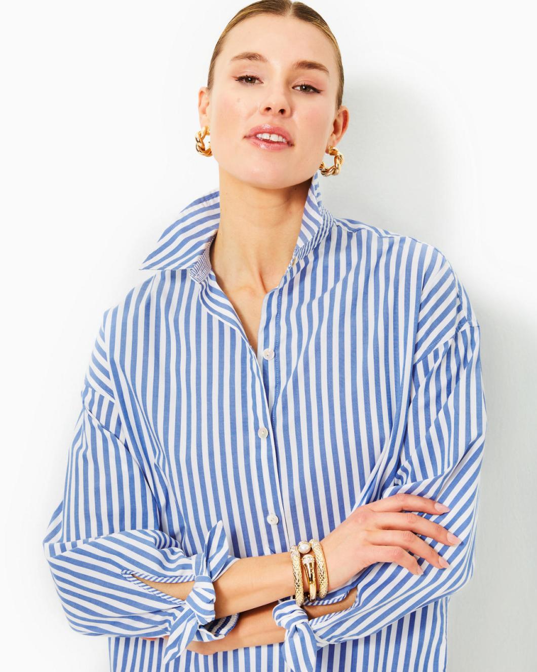 Lilly Pulitzer Lesia Relaxed Button Down Shirt Briny Blue Cabana Stripe | Women Tops
