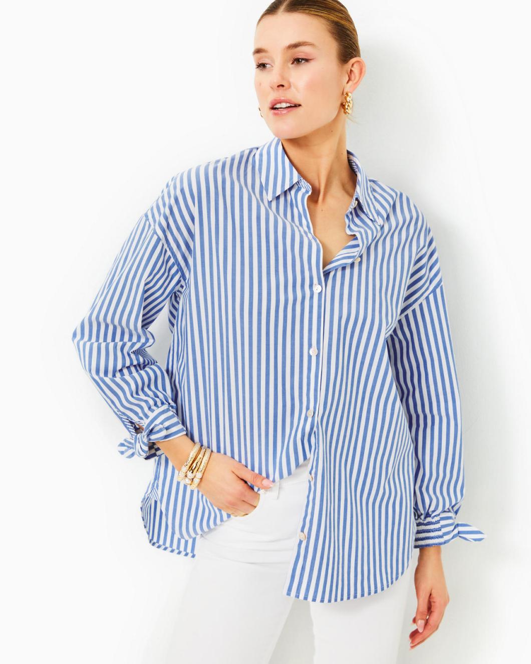 Lilly Pulitzer Lesia Relaxed Button Down Shirt Briny Blue Cabana Stripe | Women Tops