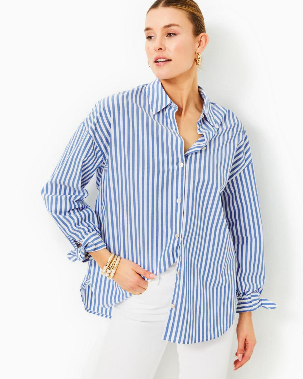 Lilly Pulitzer Lesia Relaxed Button Down Shirt Briny Blue Cabana Stripe | Women Tops