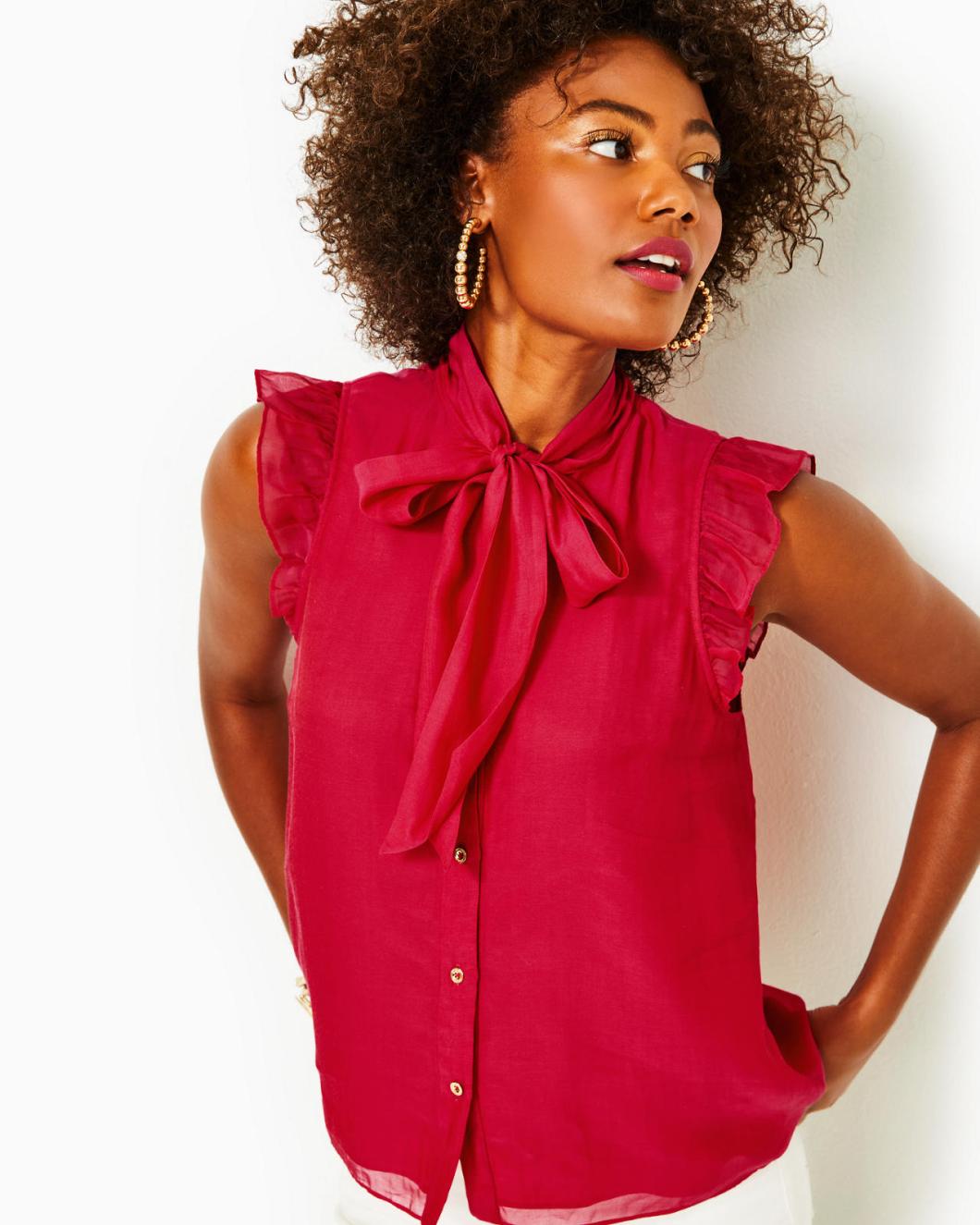 Lilly Pulitzer Maddi Tie Neck Top Poinsettia Red | Women Tops