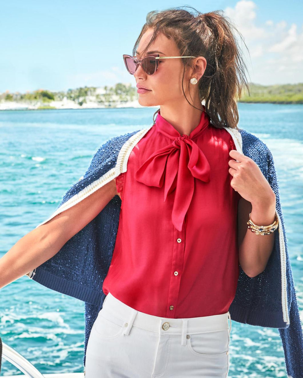 Lilly Pulitzer Maddi Tie Neck Top Poinsettia Red | Women Tops