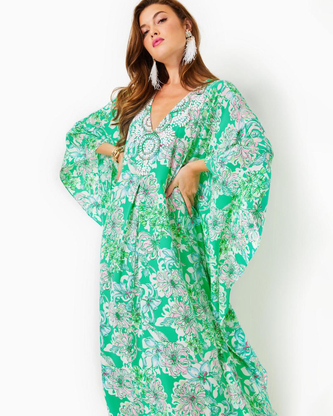 Lilly Pulitzer Mindy Beaded Silk Maxi Caftan Spearmint Blossom Views | Women A-Line/Easy Dresses