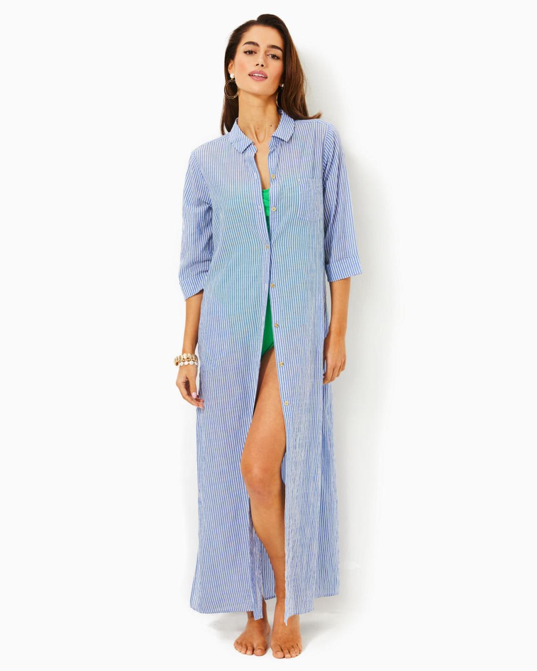 Lilly Pulitzer Natalie Maxi Cover-Up Coastal Blue Ltwt Oxford Stripe | Women Cover-Ups