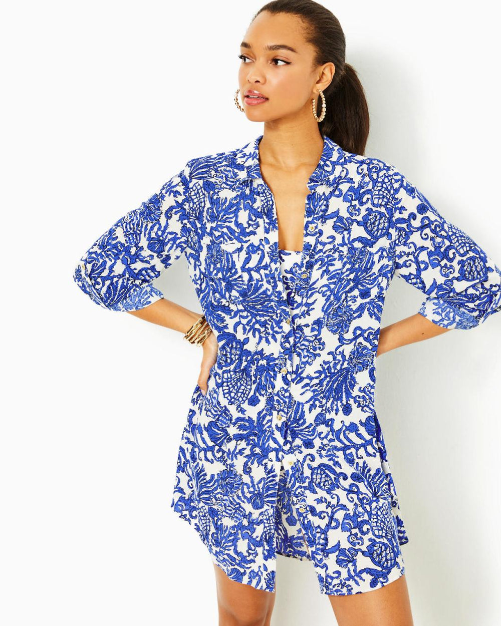 Lilly Pulitzer Natalie Shirtdress Cover-Up Deeper Coconut Ride With Me | Women Cover-Ups