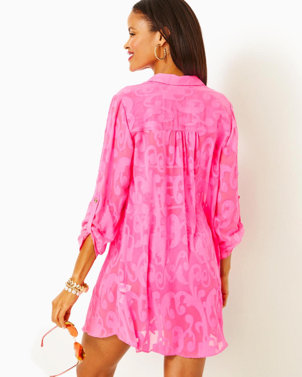 Lilly Pulitzer Natalie Shirtdress Cover-Up Roxie Pink Poly Crepe Swirl Clip | Women Cover-Ups