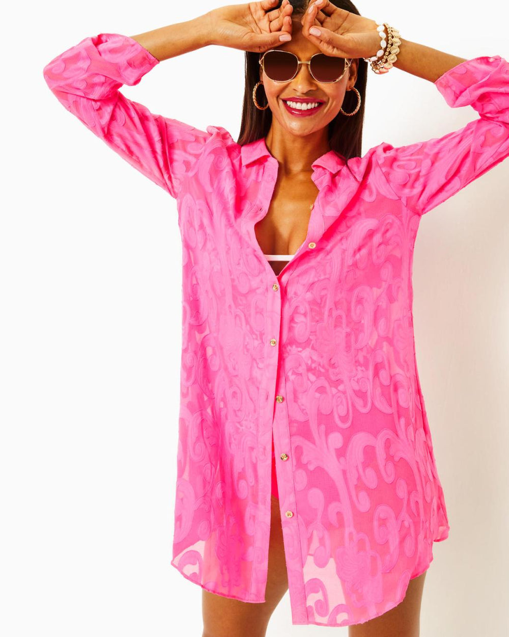 Lilly Pulitzer Natalie Shirtdress Cover-Up Roxie Pink Poly Crepe Swirl Clip | Women Cover-Ups