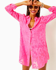 Lilly Pulitzer Natalie Shirtdress Cover-Up Roxie Pink Poly Crepe Swirl Clip | Women Cover-Ups