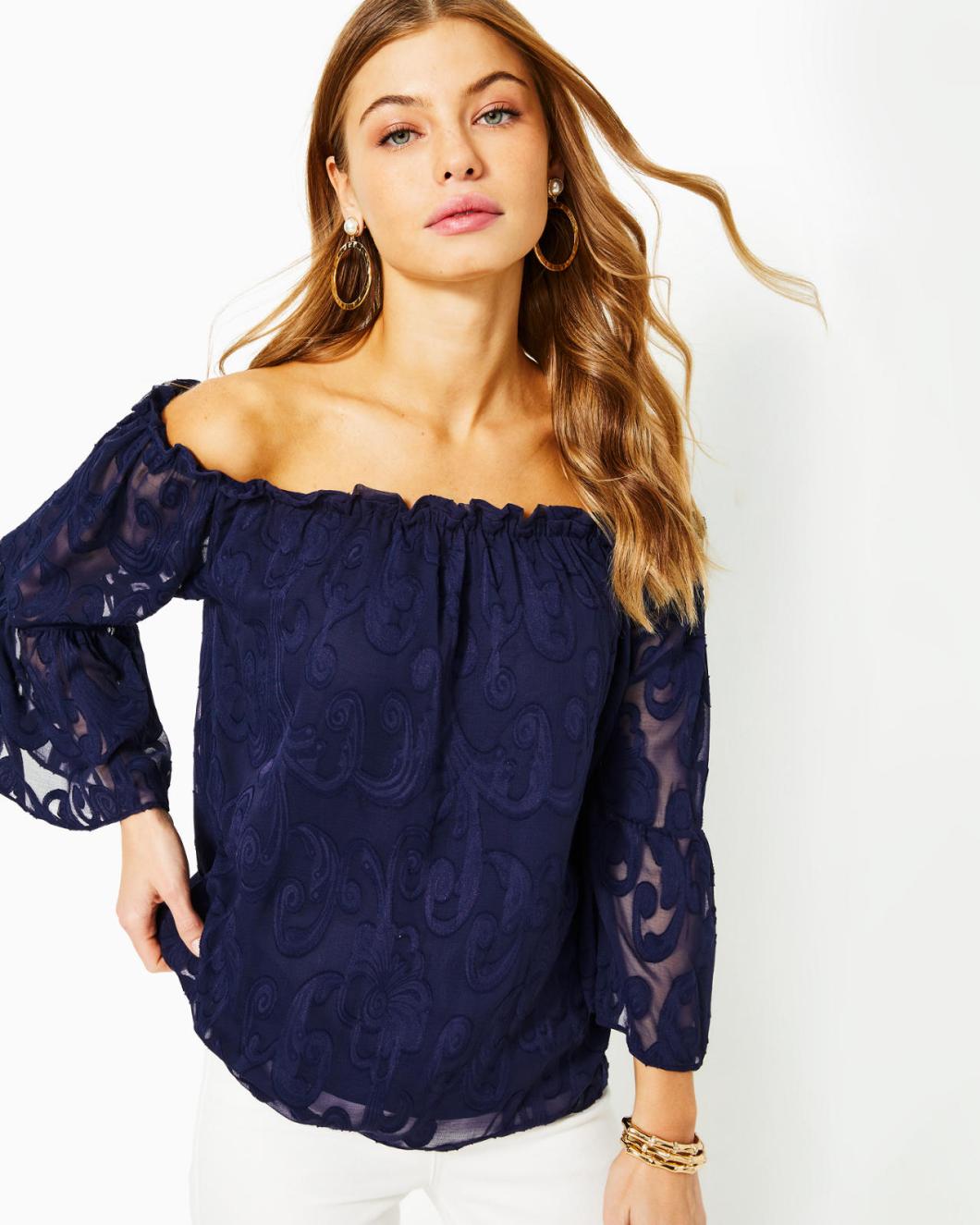 Lilly Pulitzer Nevie Off-The-Shoulder Top True Navy Poly Crepe Swirl Clip | Women Tops