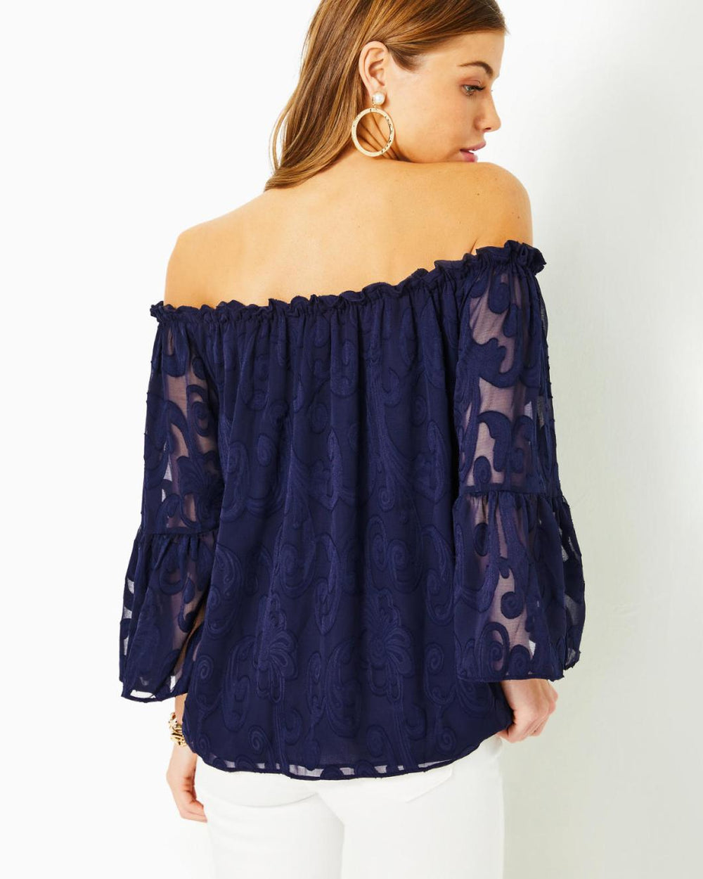 Lilly Pulitzer Nevie Off-The-Shoulder Top True Navy Poly Crepe Swirl Clip | Women Tops