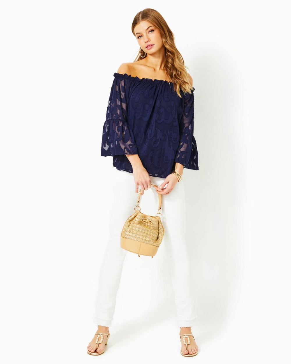 Lilly Pulitzer Nevie Off-The-Shoulder Top True Navy Poly Crepe Swirl Clip | Women Tops