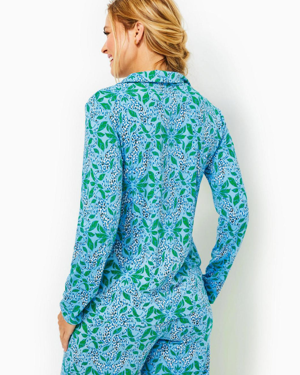 Lilly Pulitzer Pajama Knit Long Sleeve Button-Up Top Bon Bon Blue Leapin Leopards | Women Loungewear