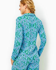 Lilly Pulitzer Pajama Knit Long Sleeve Button-Up Top Bon Bon Blue Leapin Leopards | Women Loungewear