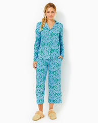 Lilly Pulitzer Pajama Knit Long Sleeve Button-Up Top Bon Bon Blue Leapin Leopards | Women Loungewear