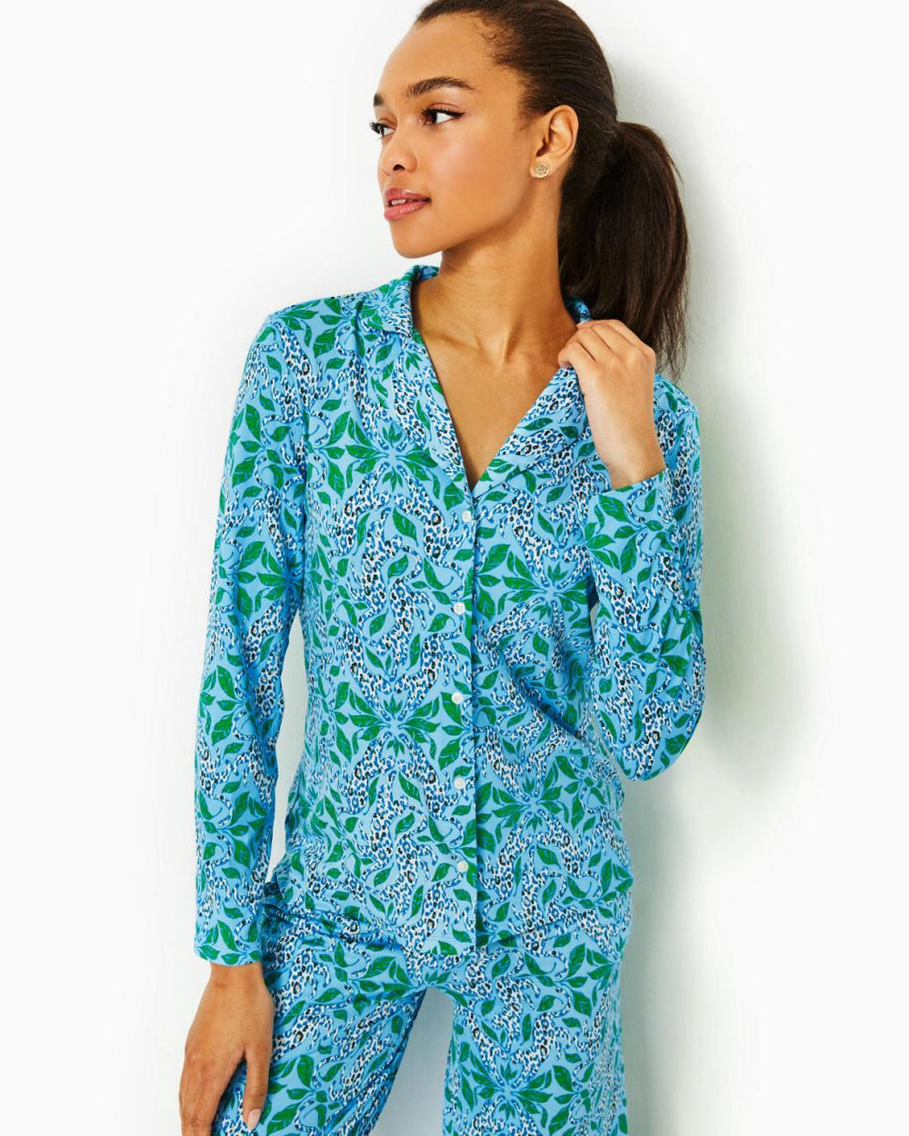 Lilly Pulitzer Pajama Knit Long Sleeve Button-Up Top Bon Bon Blue Leapin Leopards | Women Loungewear
