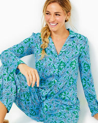 Lilly Pulitzer Pajama Knit Long Sleeve Button-Up Top Bon Bon Blue Leapin Leopards | Women Loungewear