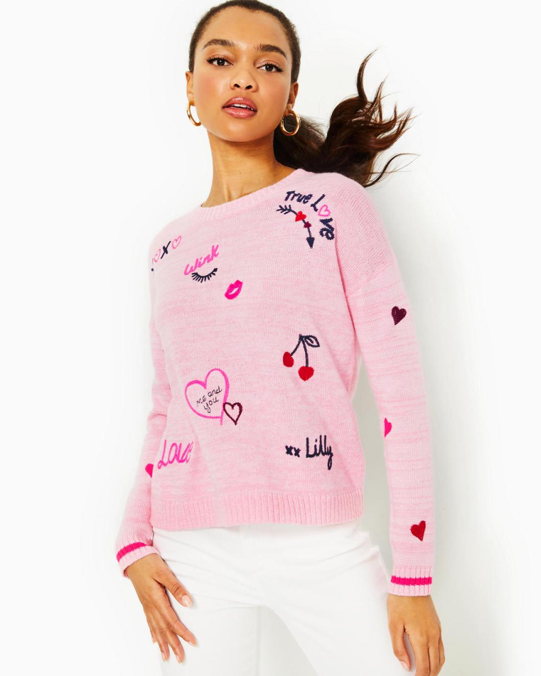 Lilly Pulitzer Pippy Sweater Heathered Peony Pink Valentine Embroidery | Women Tops