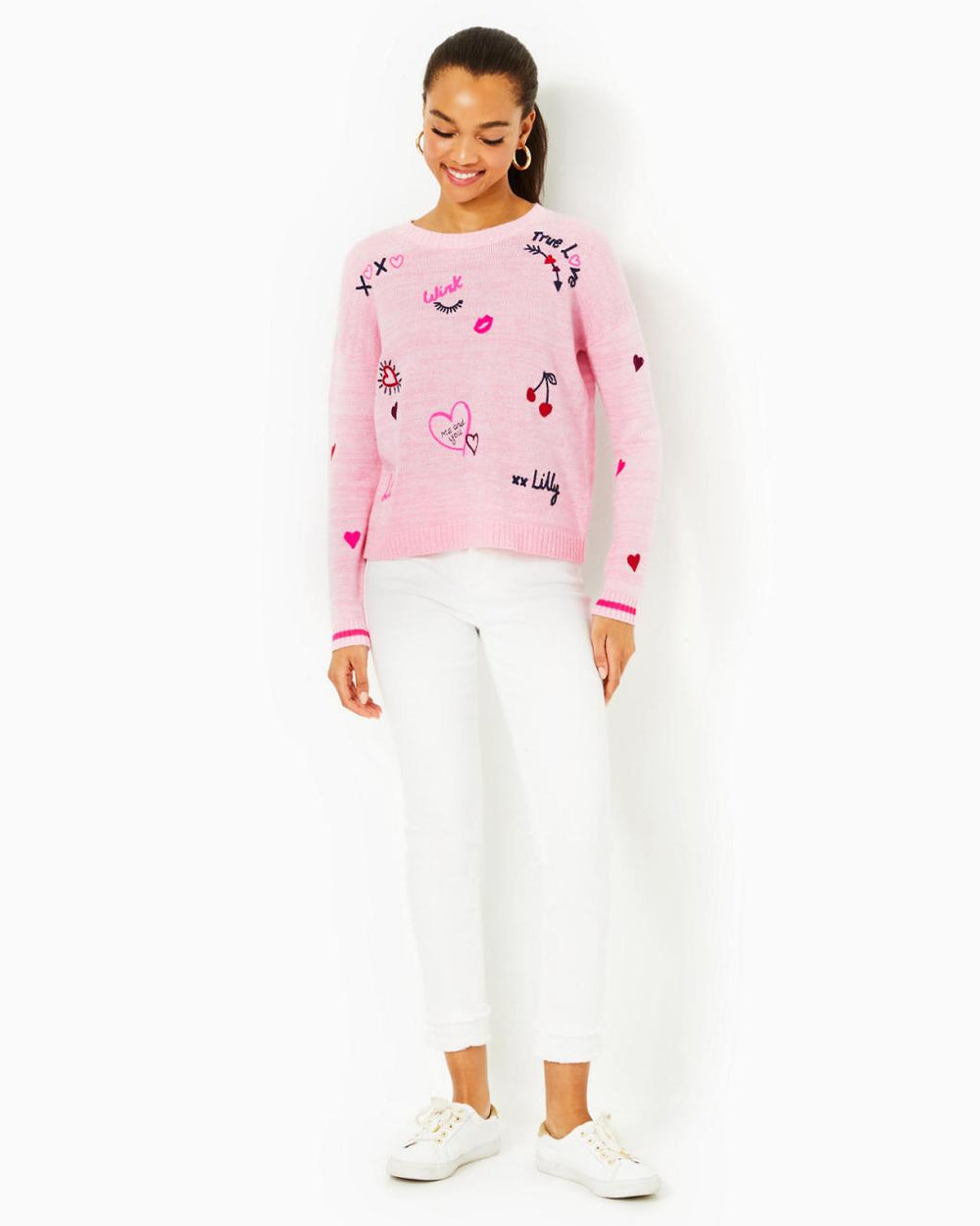 Lilly Pulitzer Pippy Sweater Heathered Peony Pink Valentine Embroidery | Women Tops