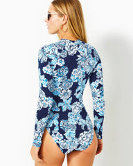 Lilly Pulitzer Randee Rashguard One-Piece Swimsuit Low Tide Navy Bouquet All Day Swim | Women Swimsuits
