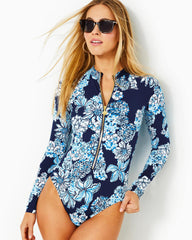 Lilly Pulitzer Randee Rashguard One-Piece Swimsuit Low Tide Navy Bouquet All Day Swim | Women Swimsuits