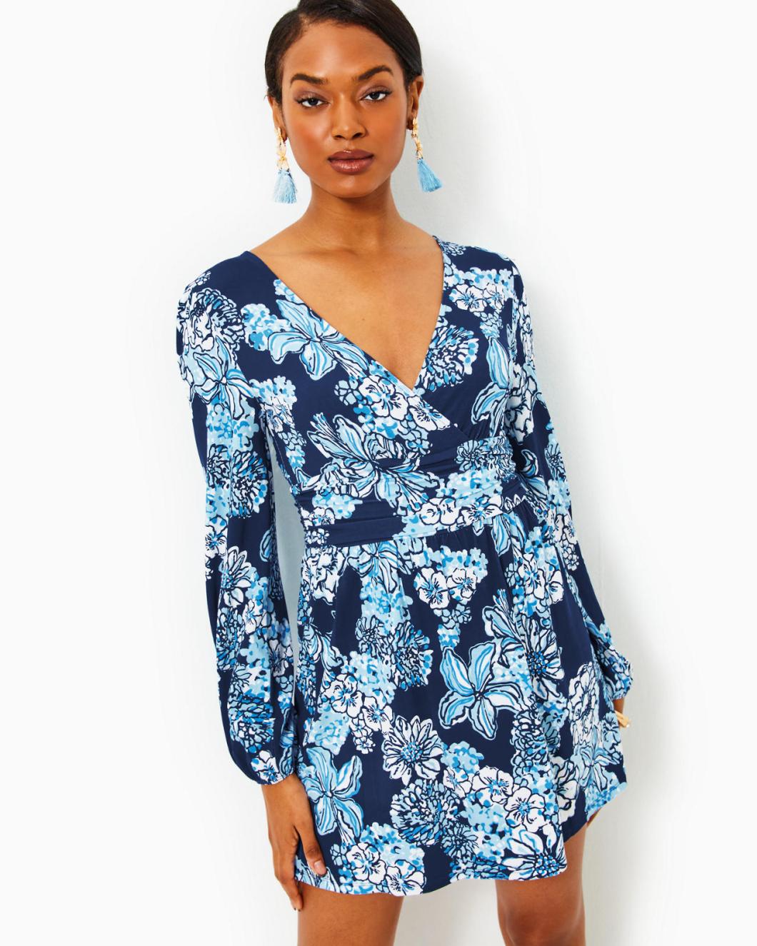 Lilly Pulitzer Riza Long Sleeve Romper Low Tide Navy Bouquet All Day | Women Rompers &amp; Jumpsuits