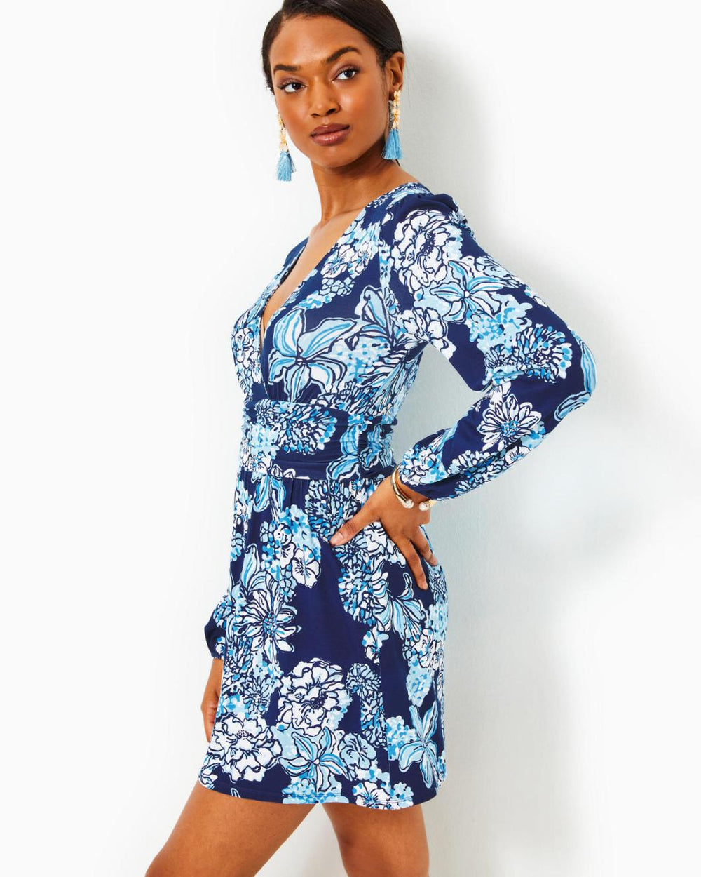 Lilly Pulitzer Riza Long Sleeve Romper Low Tide Navy Bouquet All Day | Women Rompers &amp; Jumpsuits