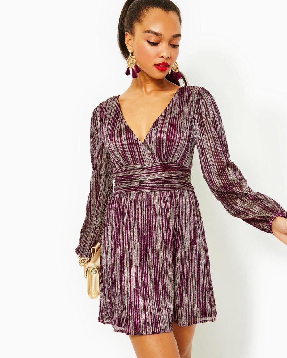 Lilly Pulitzer Riza Long Sleeve Romper Mulberry X Gold Metallic Rope Stripe Crinkle Knit | Women Rompers &amp; Jumpsuits