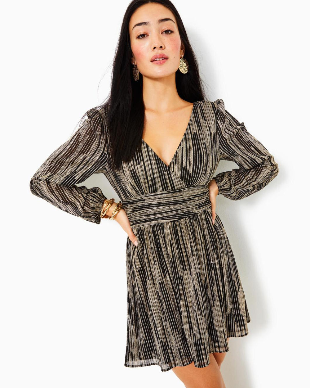 Lilly Pulitzer Riza Long Sleeve Romper Onyx X Gold Metallic Rope Stripe Crinkle Knit | Women Rompers &amp; Jumpsuits