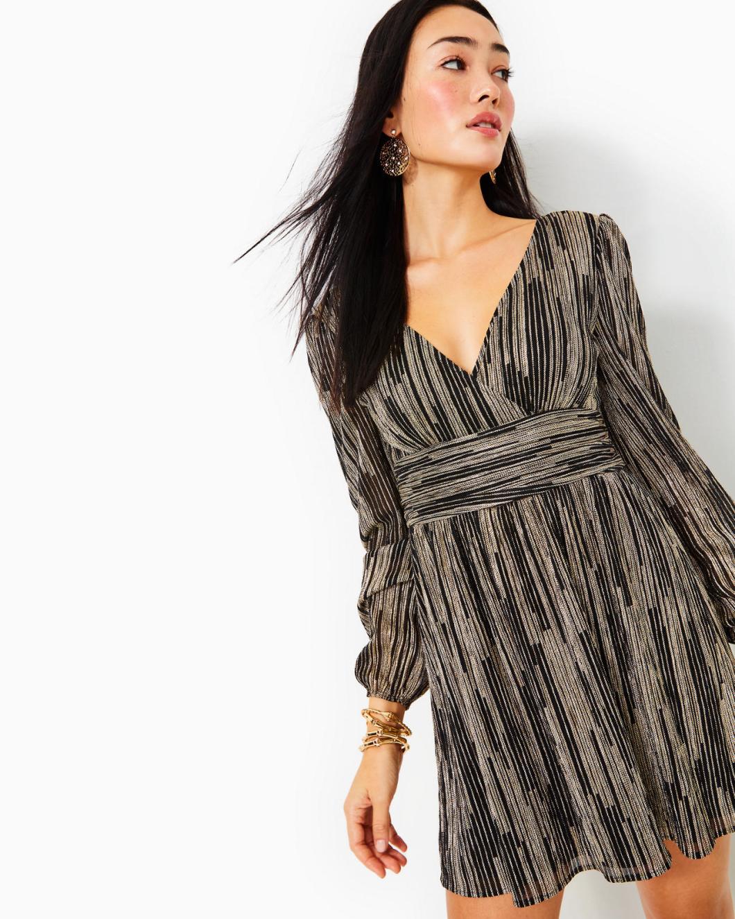 Lilly Pulitzer Riza Long Sleeve Romper Onyx X Gold Metallic Rope Stripe Crinkle Knit | Women Rompers &amp; Jumpsuits