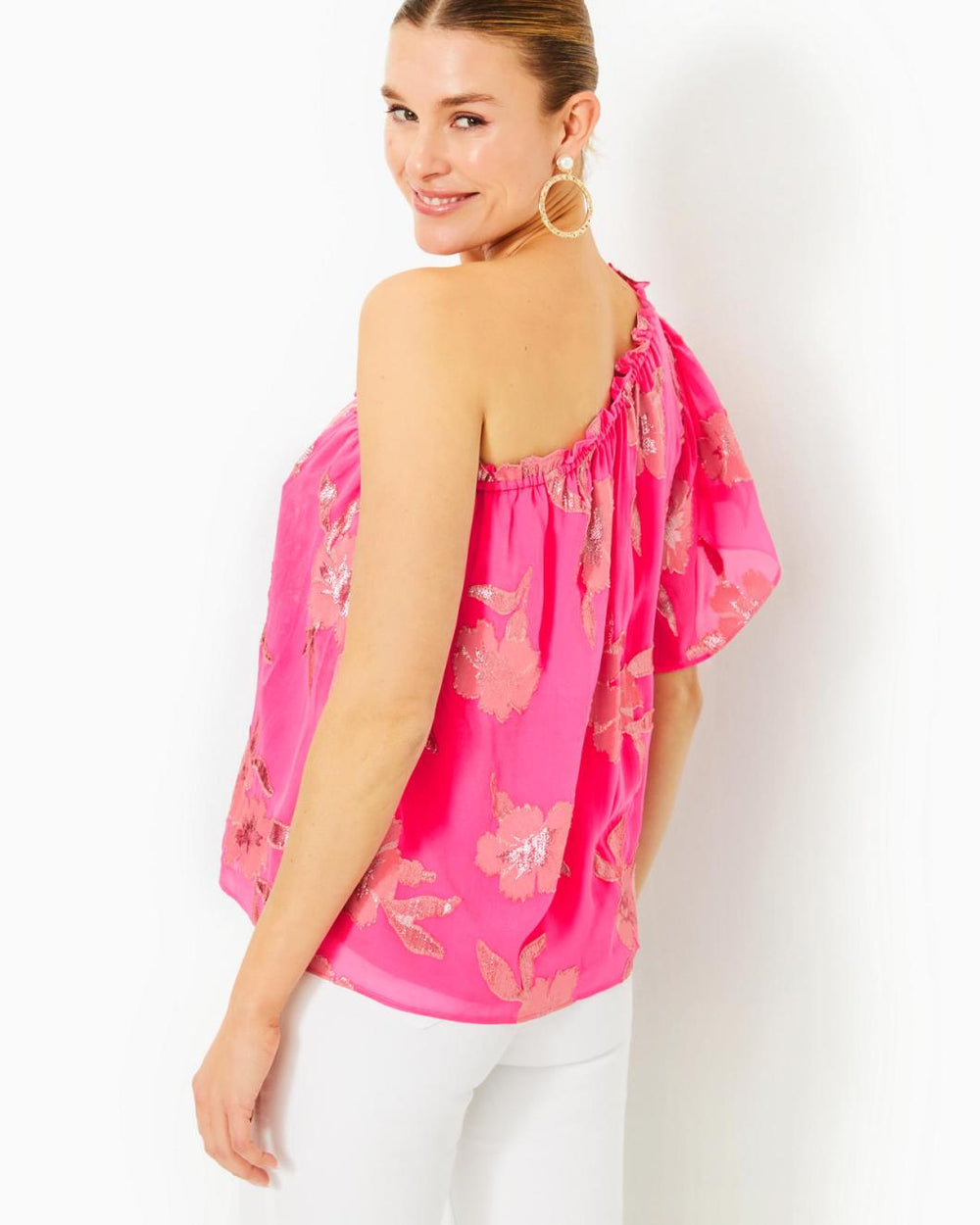 Lilly Pulitzer Saraleigh One-Shoulder Top Roxie Pink Anniversary Silk Clip | Women Tops