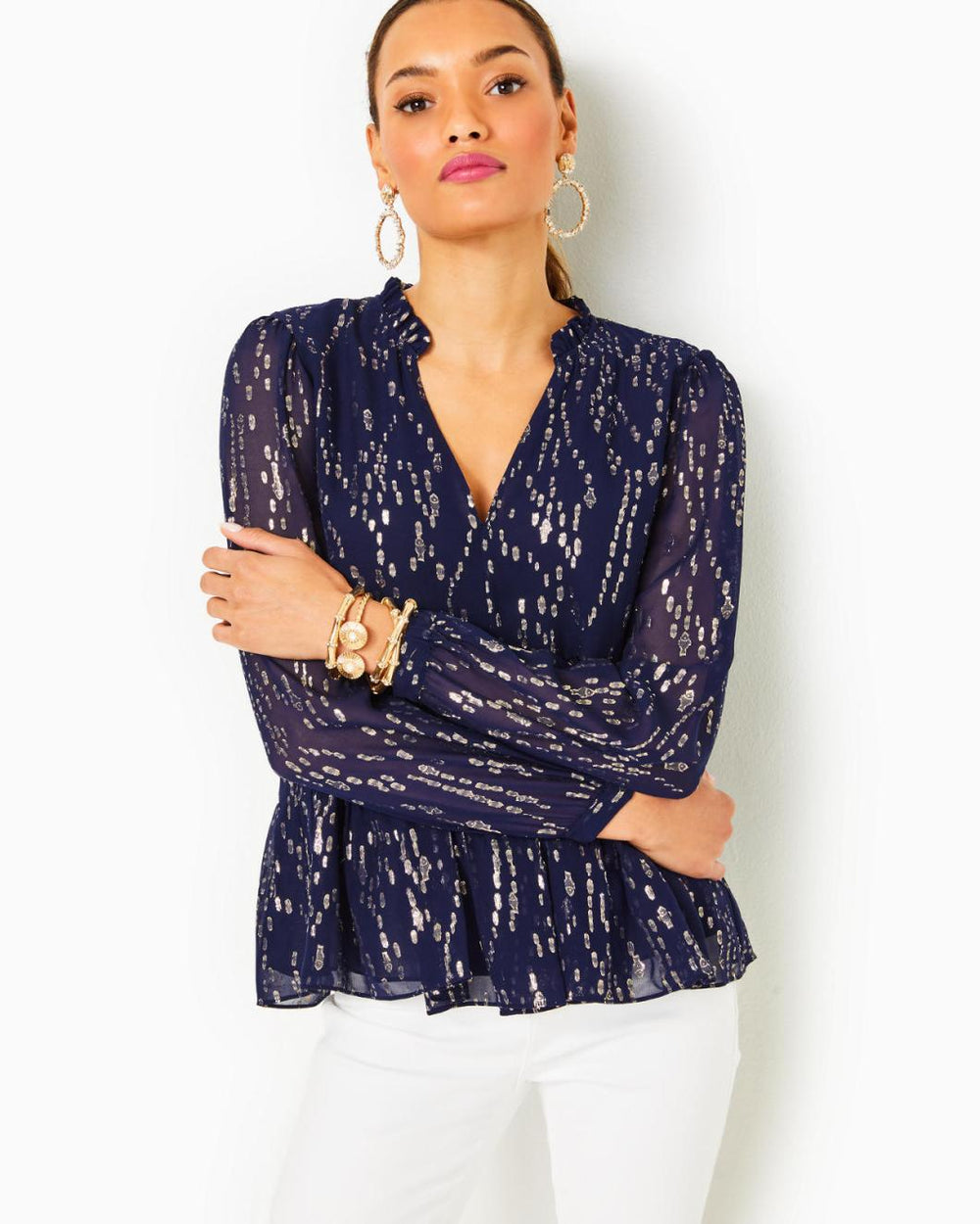 Lilly Pulitzer Sarita Silk Top True Navy Fish Clip Chiffon | Women Tops