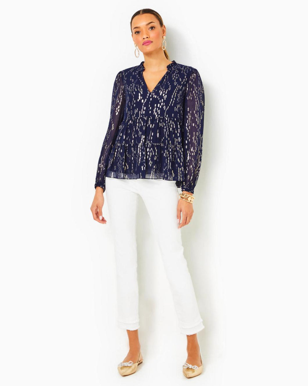 Lilly Pulitzer Sarita Silk Top True Navy Fish Clip Chiffon | Women Tops