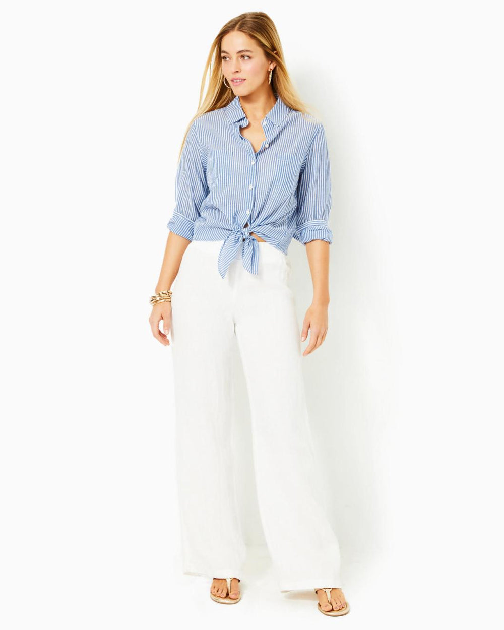 Lilly Pulitzer Sea View Button Down Top Coastal Blue Ltwt Oxford Stripe | Women Tops